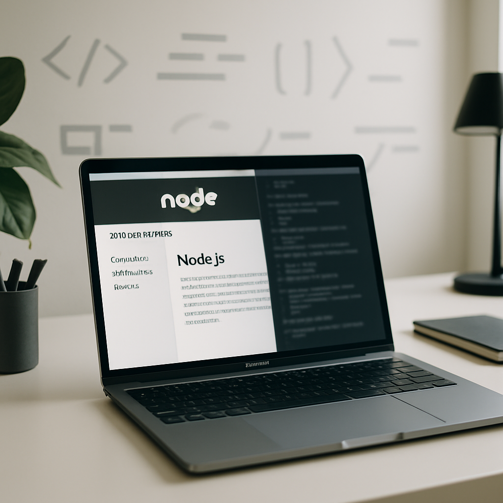 Modern workspace with laptop and coding elements in natural daylight.