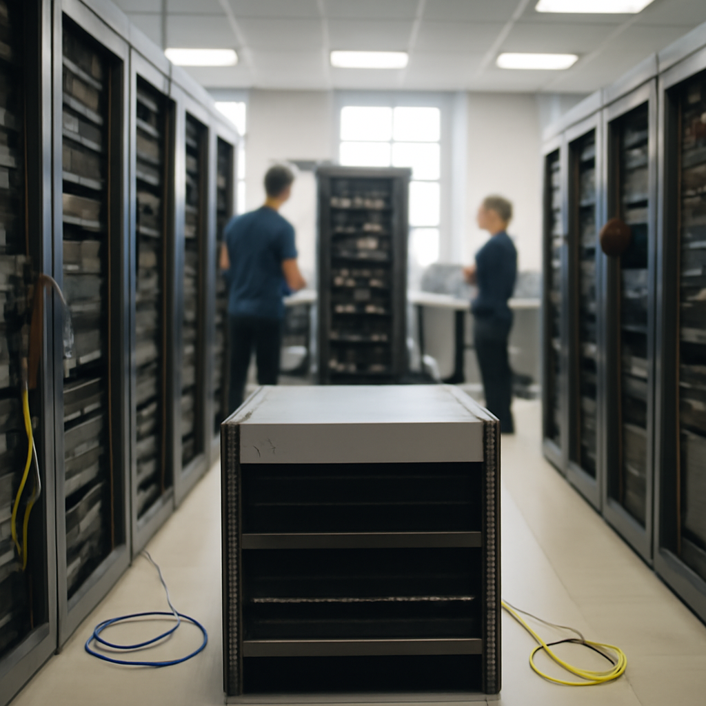 Server room interior with technicians in background and single server rack in foreground.