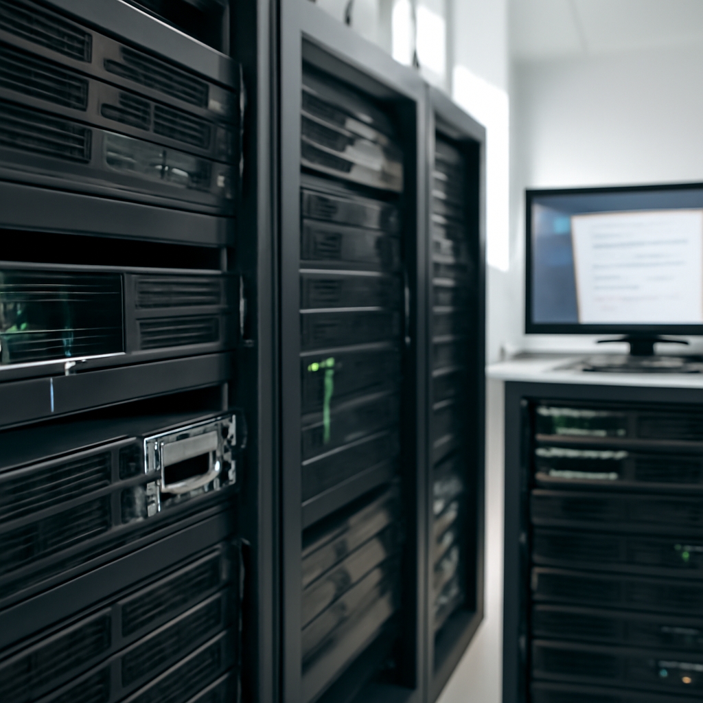 Rows of computer servers and networking equipment with exposed panels and lights in a data center under bright daylight.