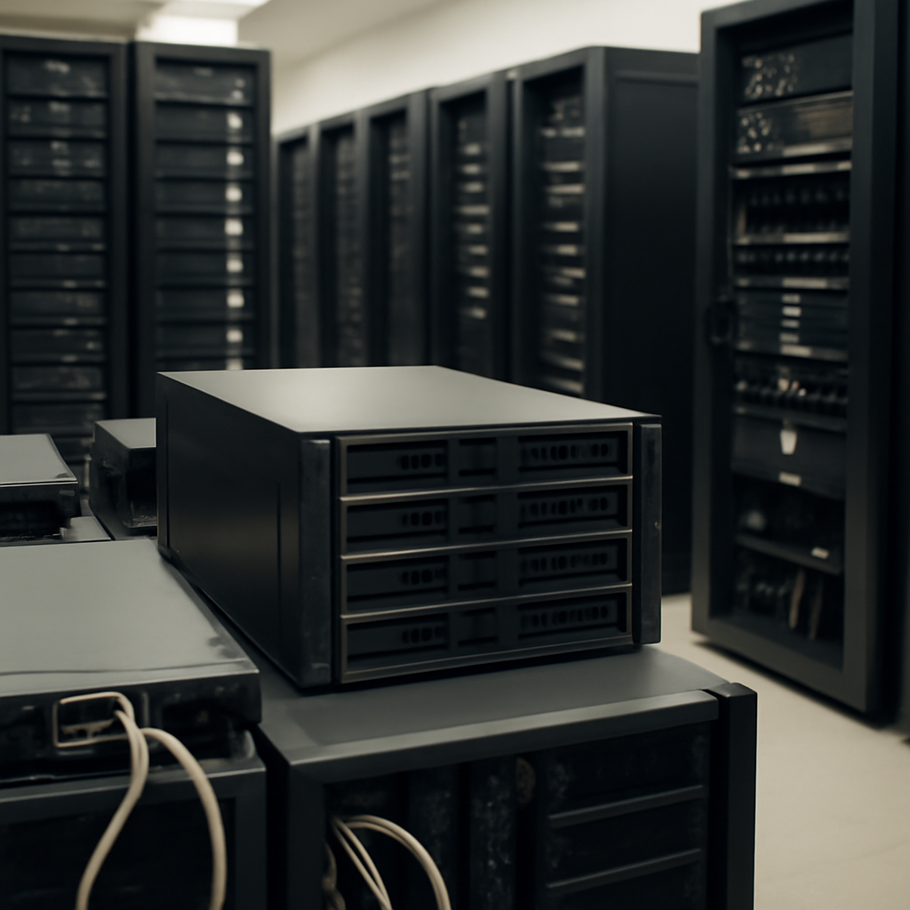 Rows of computer servers and storage equipment in a data center with highlighted device.