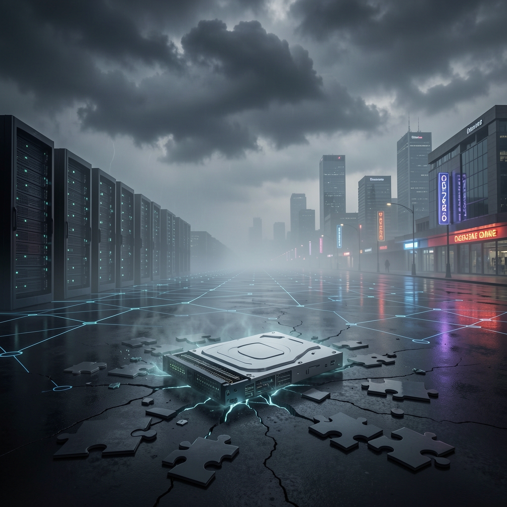 Dark digital landscape with stormy cloud over virtualized infrastructure and shattered virtual machine in foreground.
