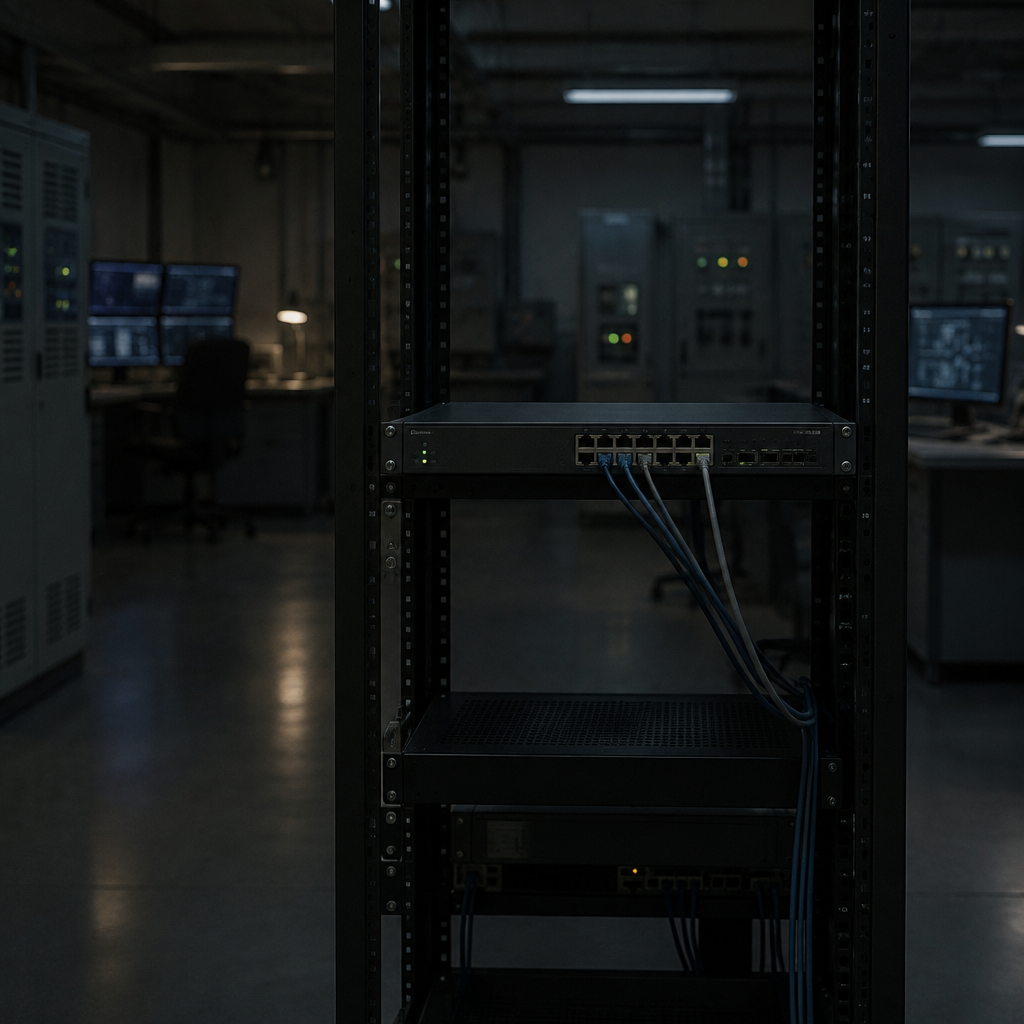 A dimly lit industrial control room with a lone network switch on a rack, surrounded by scattered computer terminals and…