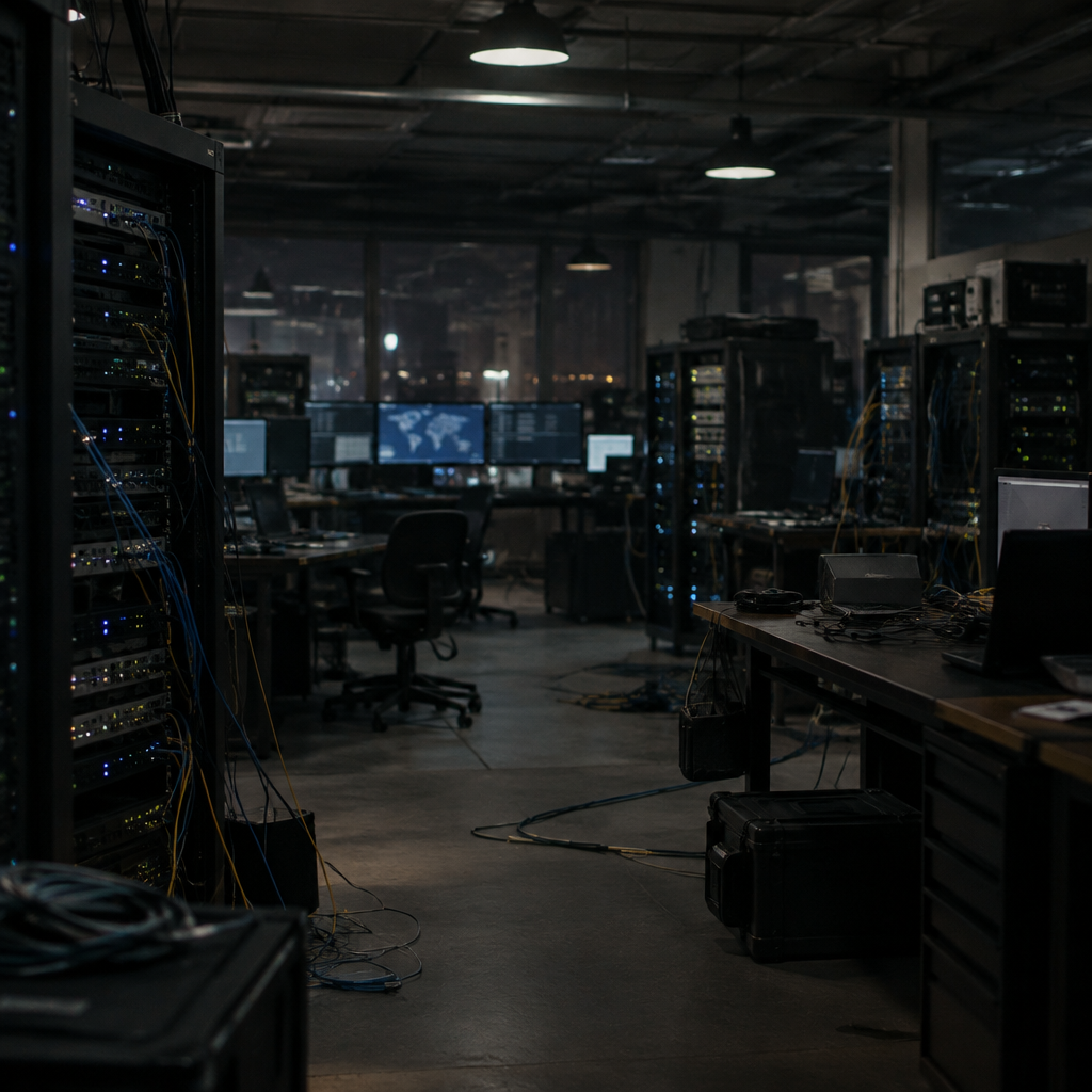 Dimly lit industrial control room with rows of out-of-focus computer servers and networking equipment.