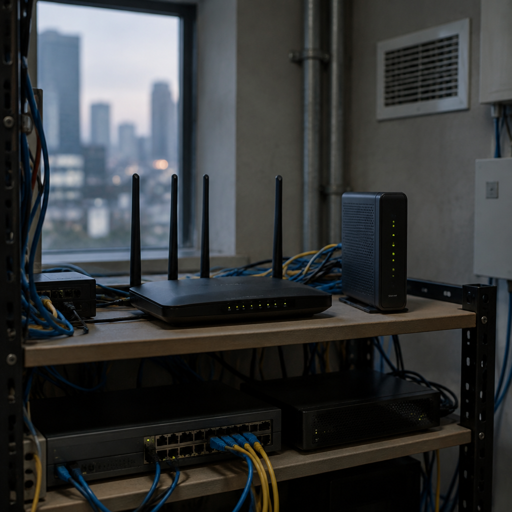 Network equipment and cables in a dimly lit room with a router and modem on a shelf.