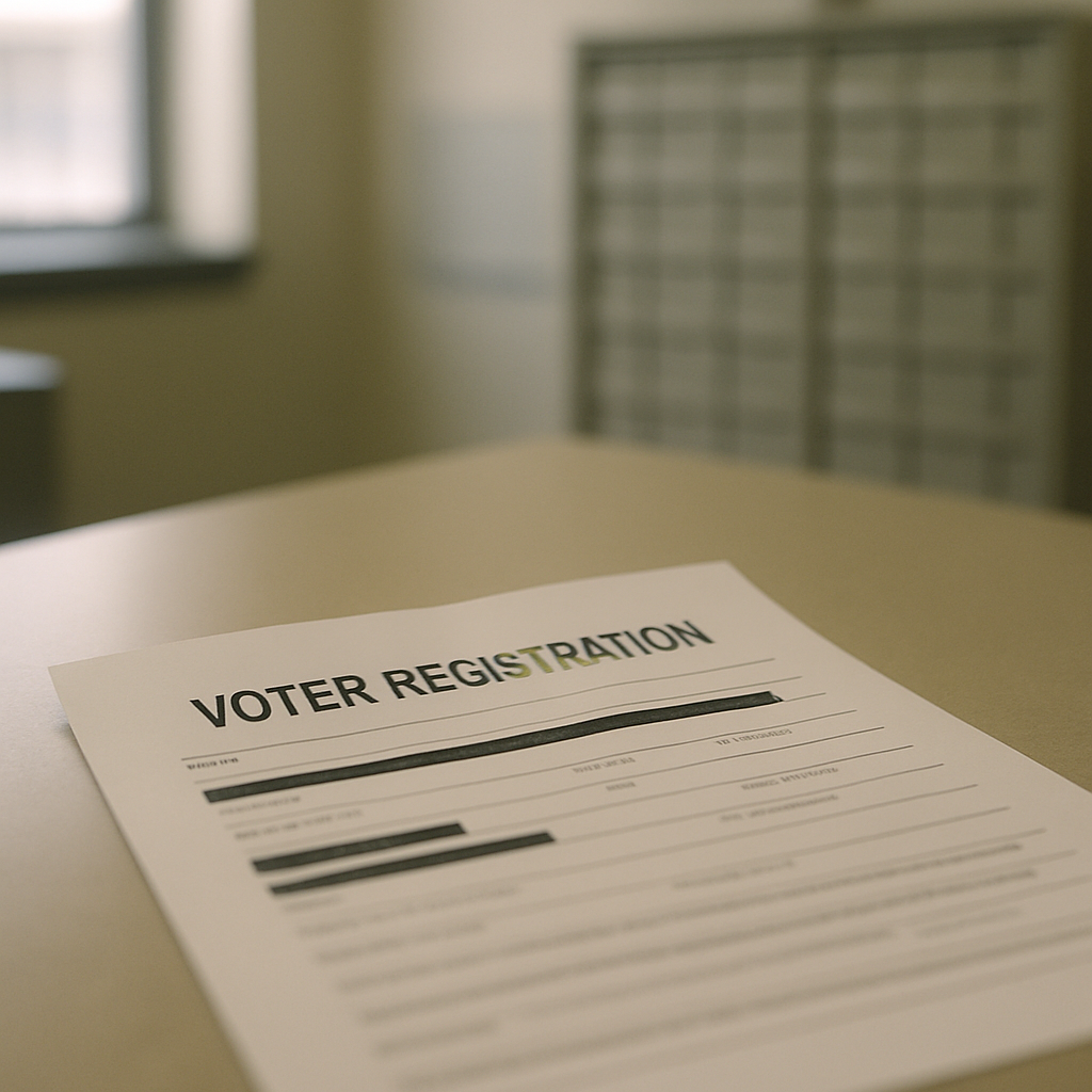 Voter registration document with redacted fields on a plain surface in a public office setting.