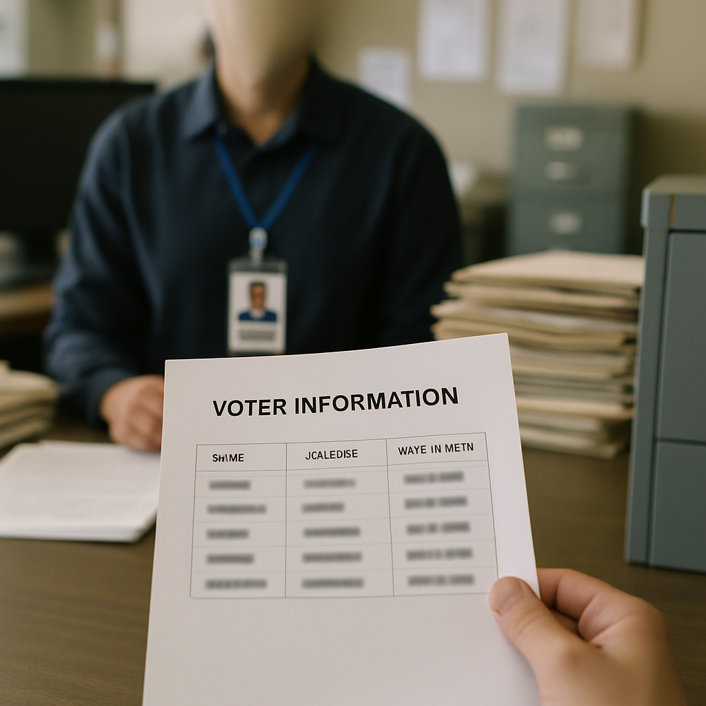 Sensitive voter data scattered across a government office workspace, highlighting potential risks of misuse.