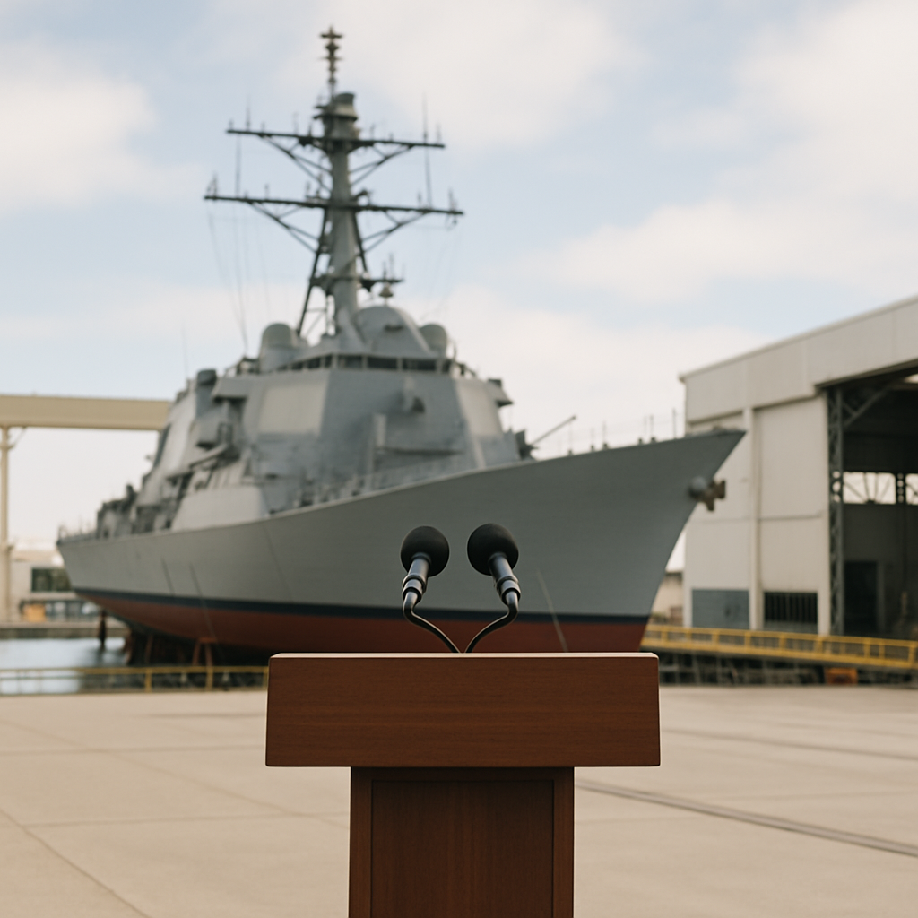 Naval shipbuilding facility with podium in foreground.