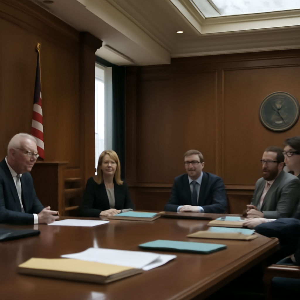 Professionals in formal attire seated around a conference table in a government office setting.