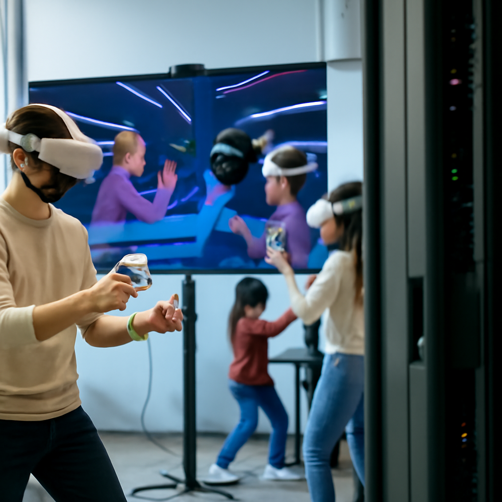 Virtual reality gamers interact in a futuristic environment with a subtle hint of a server room breach in the background.
