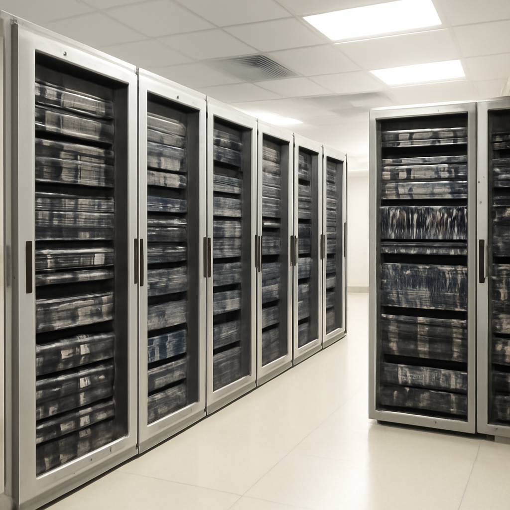 Rows of computer servers and storage equipment in a brightly-lit server room.