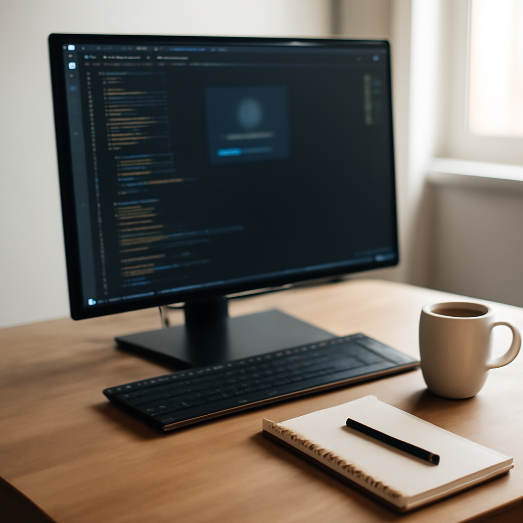 Developer workspace with VS Code on monitor, cup of coffee, notebook, and pen in soft daylight.