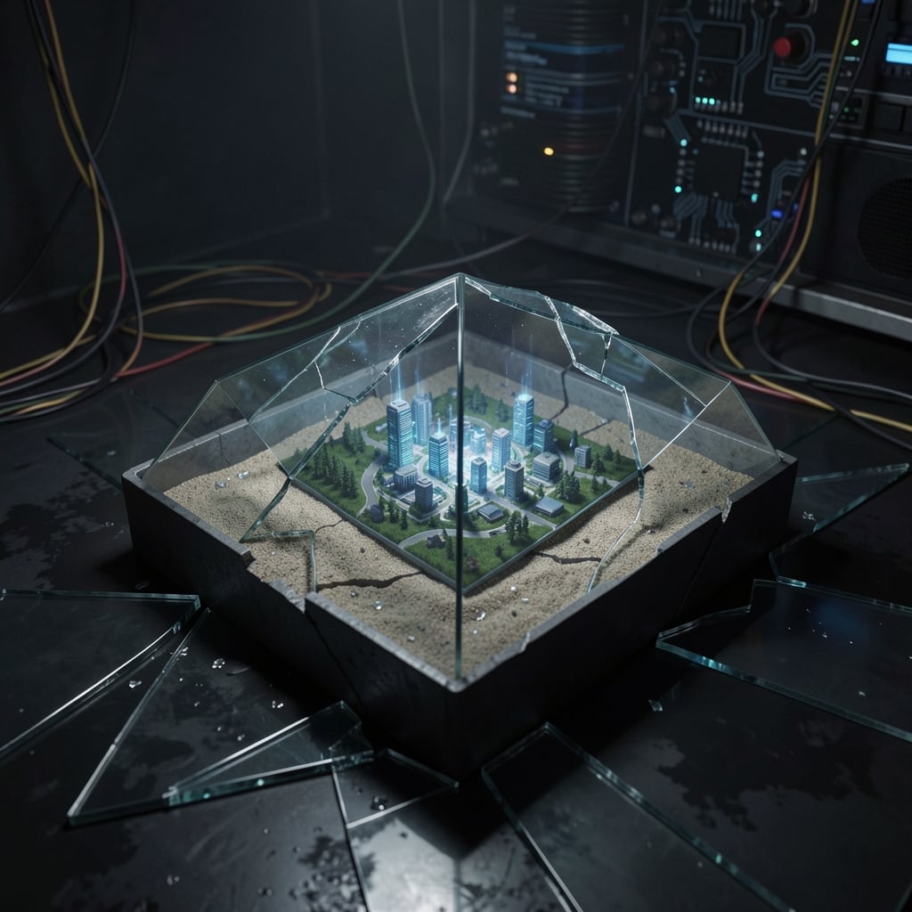 Cracked sandbox with miniature cityscape and exposed glowing wires amidst shattered glass and broken screens.