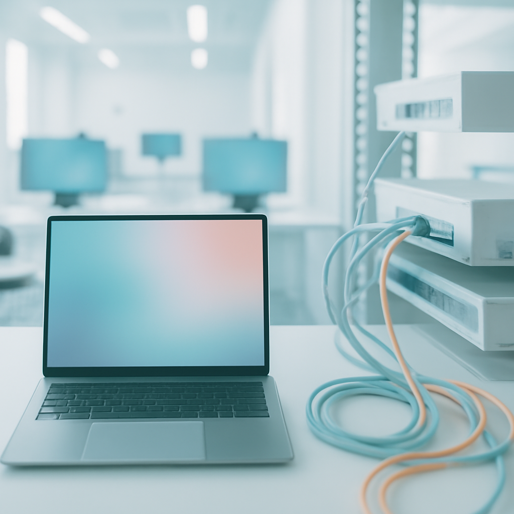 Blurred laptop screen on a workstation amidst quiet computer lab.