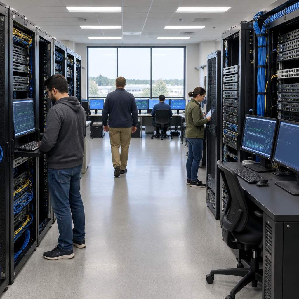 Technicians inspect equipment in a network operations center with rows of racks and devices.