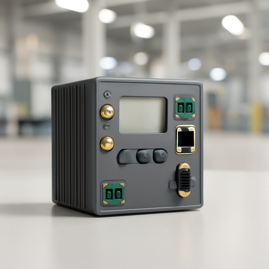 Small industrial control system on a neutral surface with a factory background.