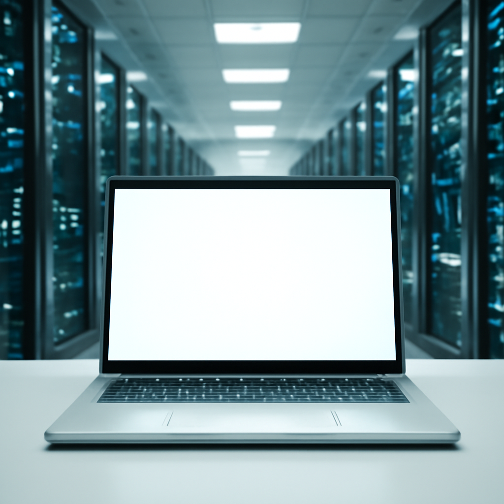Rows of computer servers and networking equipment in a brightly-lit server room, with a single laptop on a clean surface in…