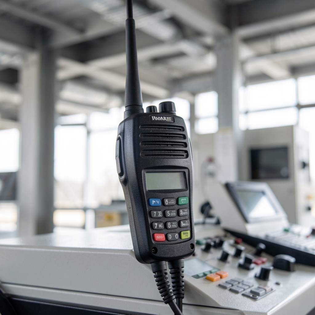 Radio communication console in a control room with a blurred background.