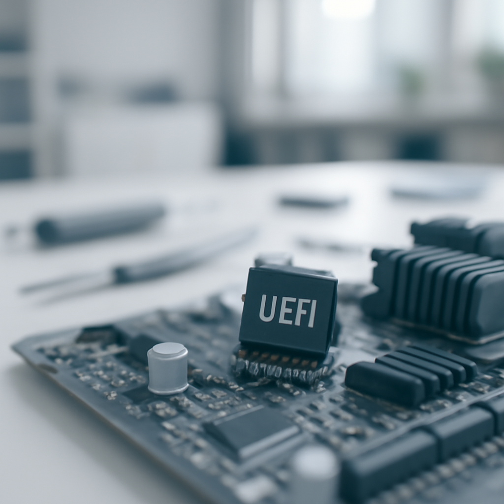 Internal computer components, including a motherboard and UEFI firmware chip, in a bright laboratory setting.