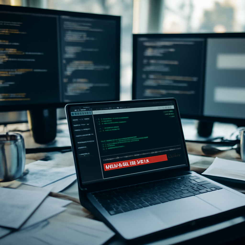 Cluttered workstation with scattered papers, empty cans, and multiple screens displaying code amidst a sense of urgency.