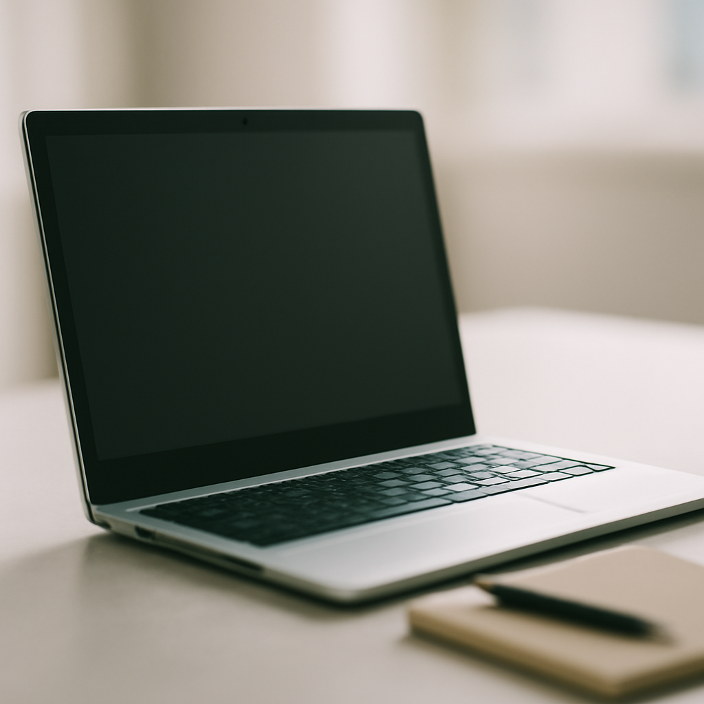 Windows laptop on a clean surface with a notebook and pen nearby.