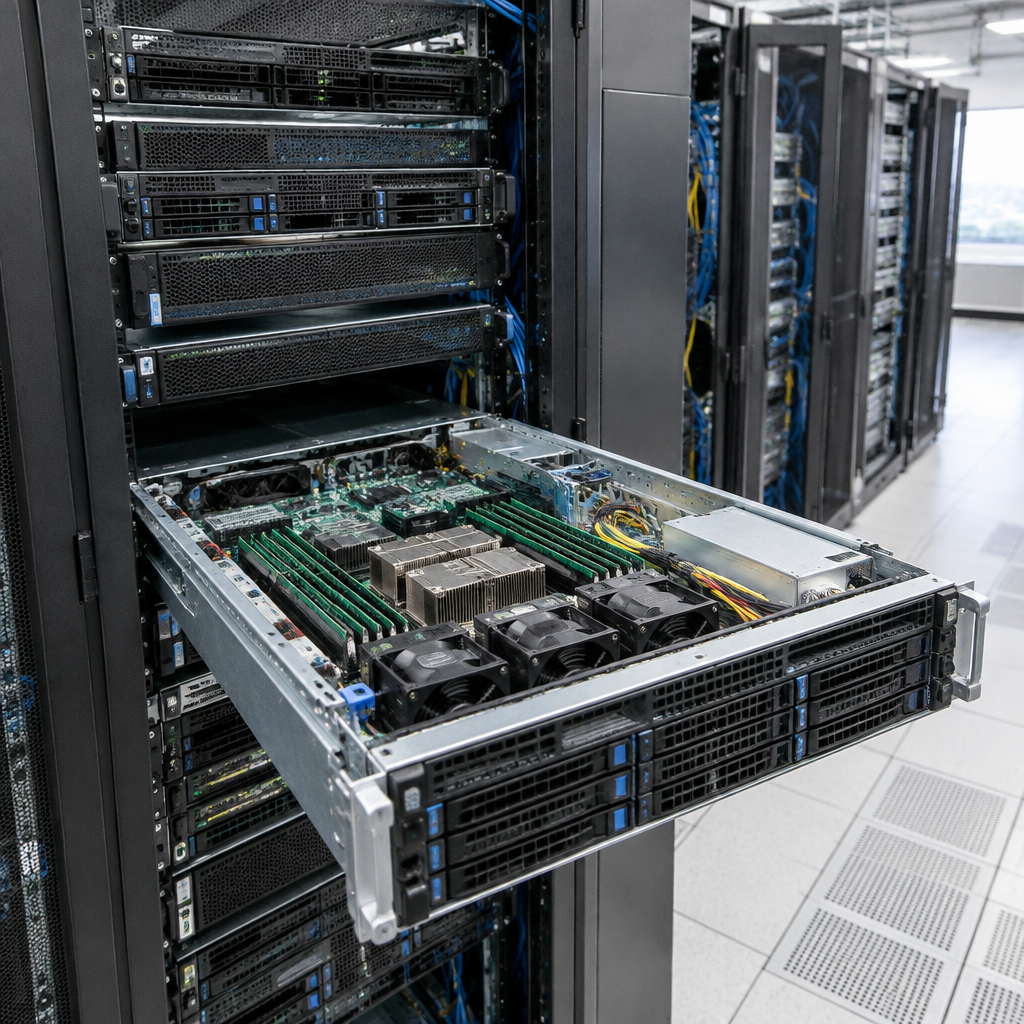 Rack of servers with a prominent node in the foreground, its casing open to reveal internal components.