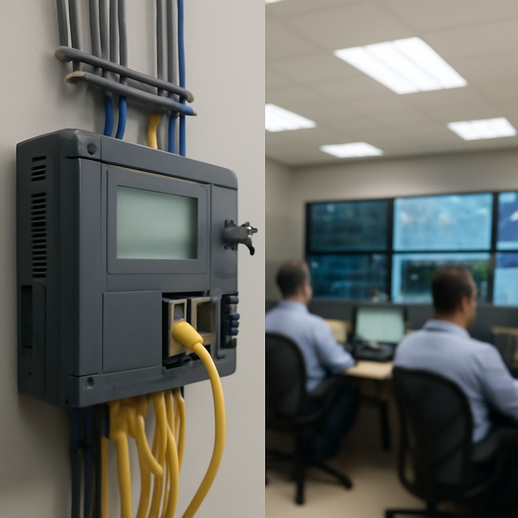Technicians work in a network operations center with a prominent server in the foreground.