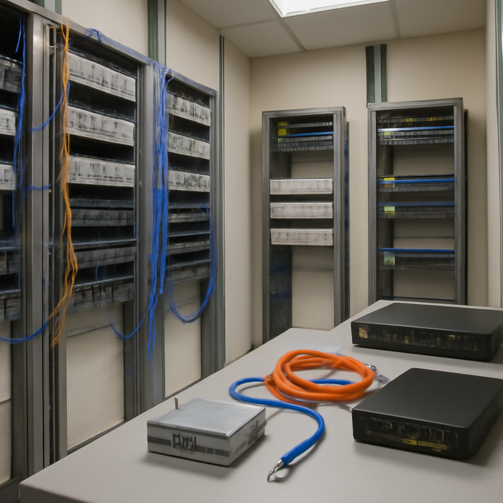 Rows of equipment racks and patch panels in a modern network closet with a technician's workbench in the foreground.