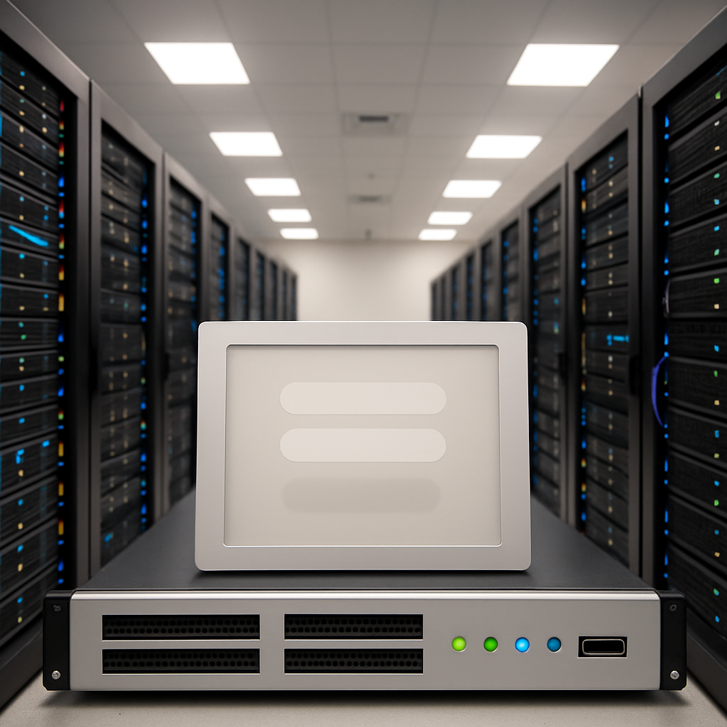 Server room with rows of equipment and a prominent control panel display.