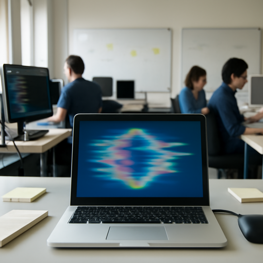 Lab equipment and computer workstations surround a central laptop displaying abstract code.