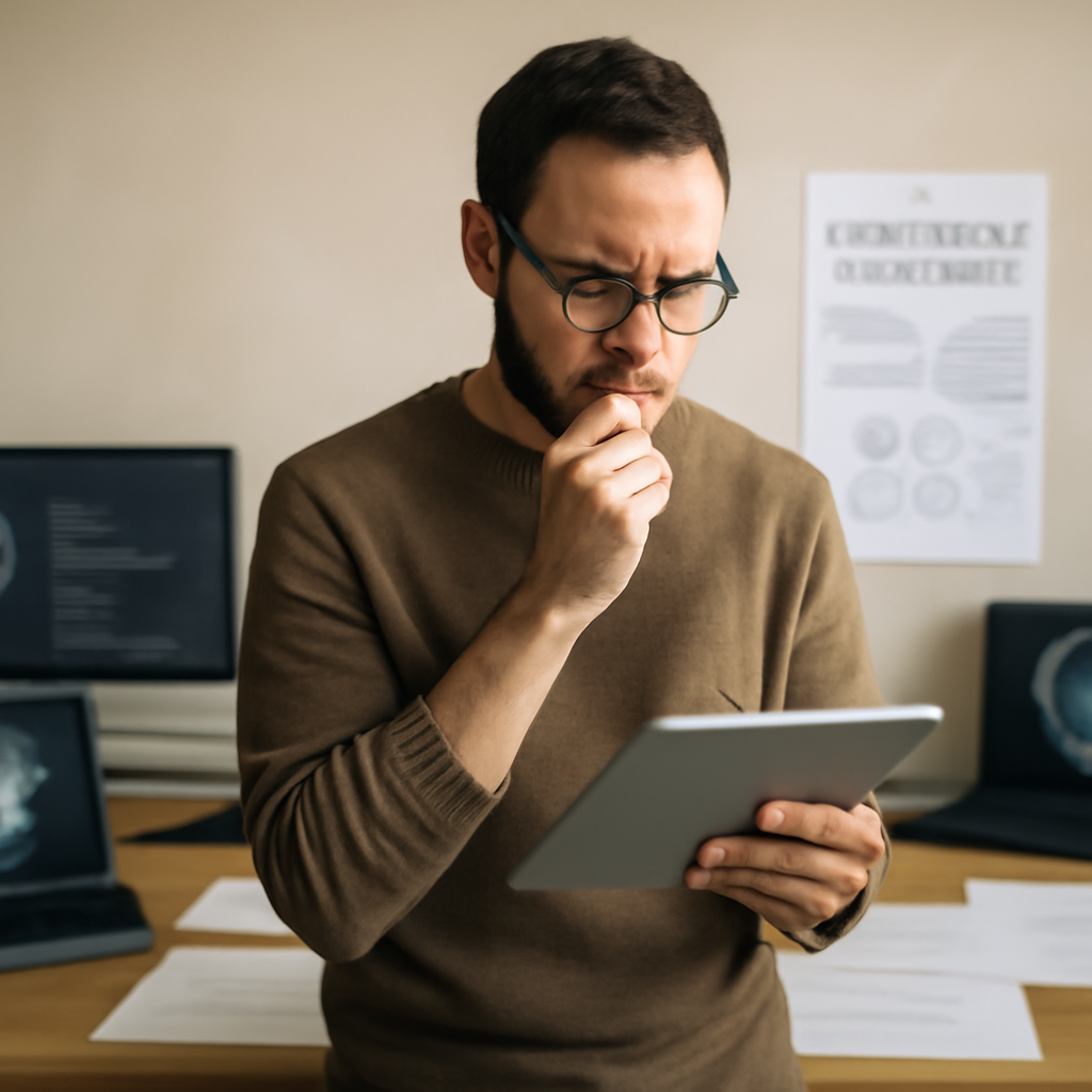 Security professional examines technology equipment on a tablet or laptop.