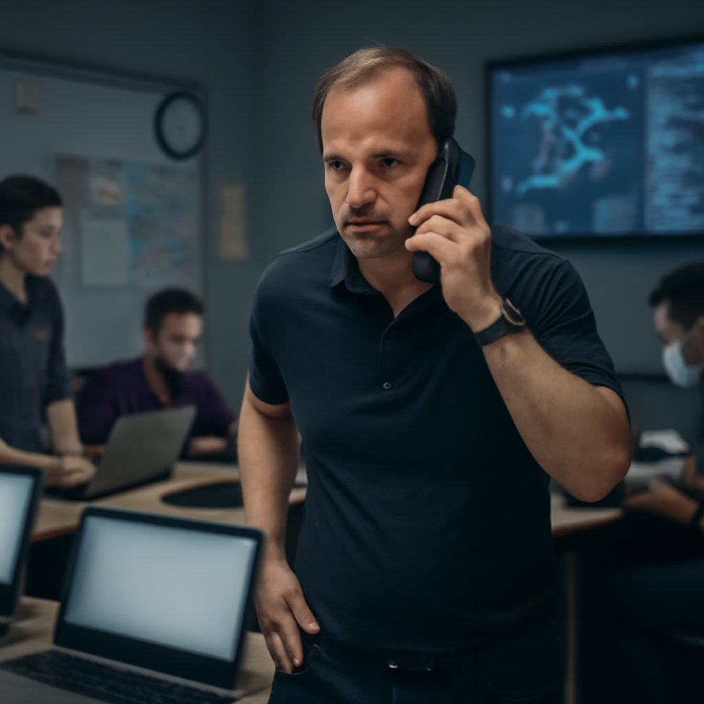 Security team members work urgently in a dimly lit room surrounded by screens and technology.