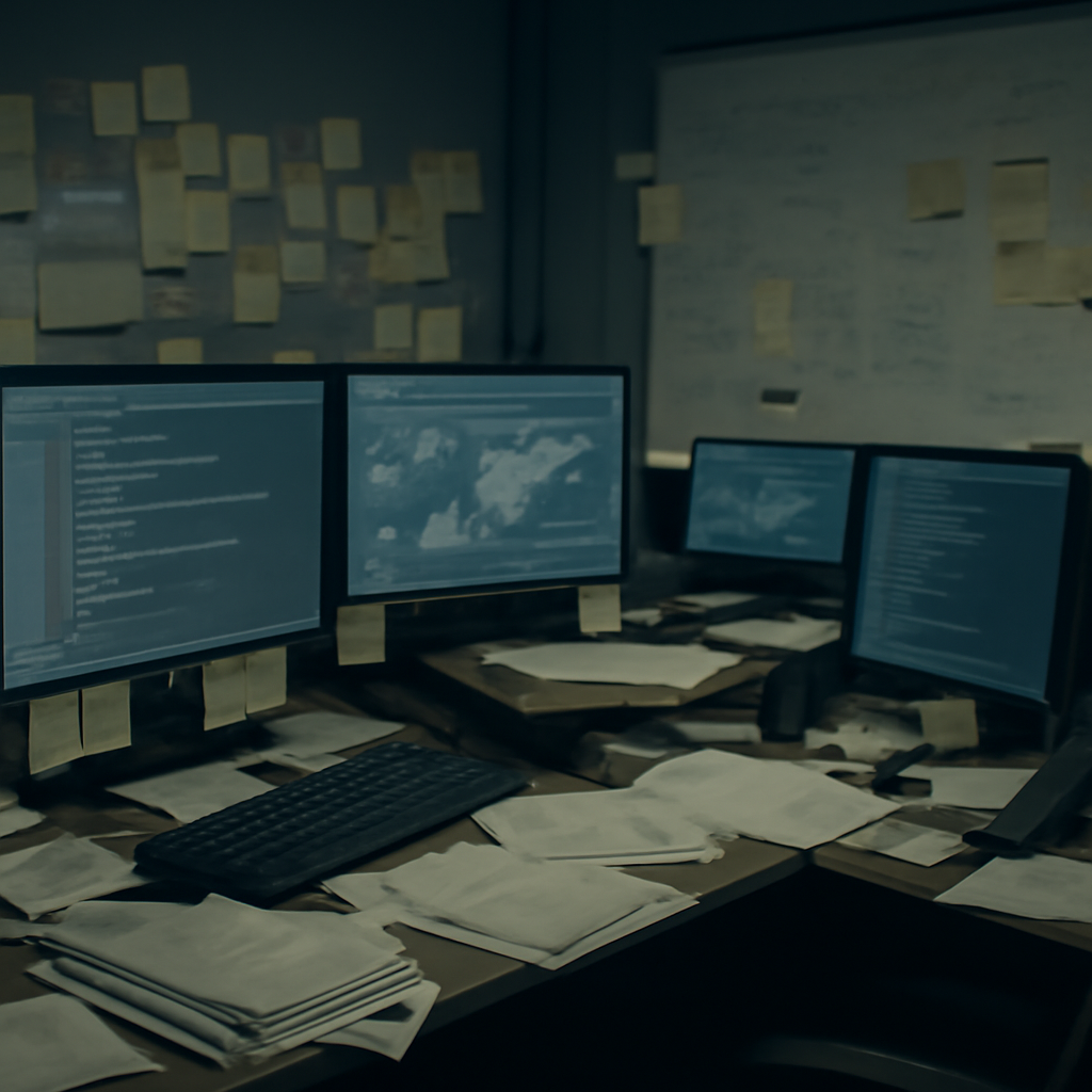 Cluttered IT operations room with scattered computer screens, papers, and notes.