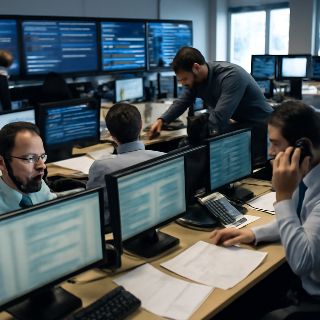 Security analysts work amidst a chaotic atmosphere in a brightly-lit operations center.