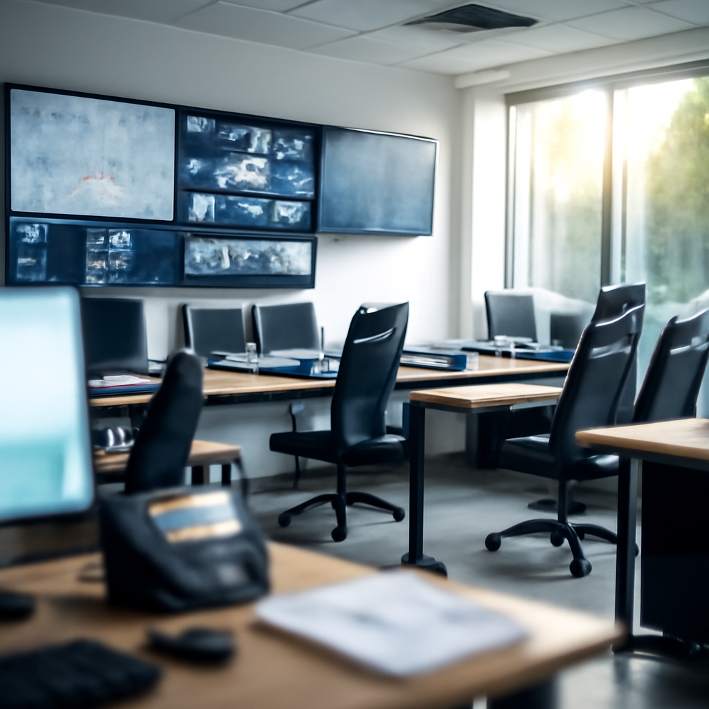 Brightly-lit security operations center with modern desks and chairs.