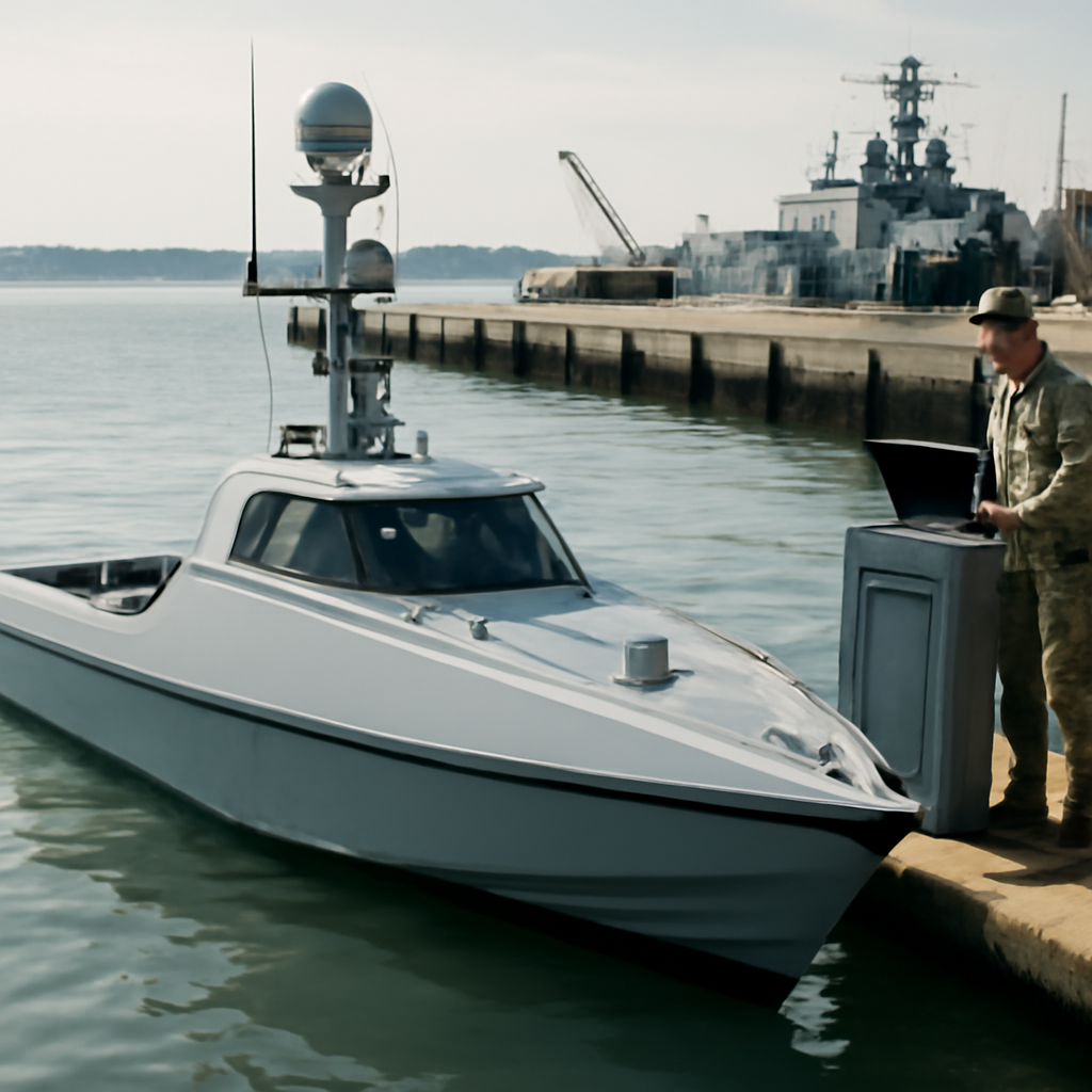Autonomous boat operates with human support on dockside.