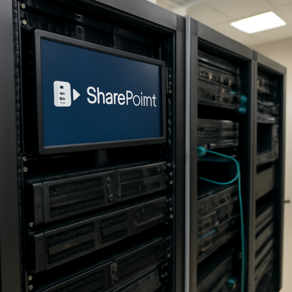 Server room with rows of computer equipment and network gear in a neutral, institutional space.