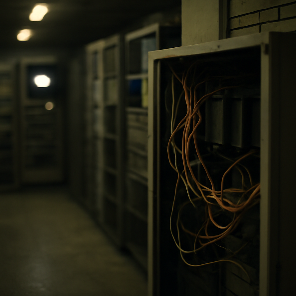 Dimly lit server room with rows of dusty servers and storage racks, a single ajar cabinet door revealing tangled cables.