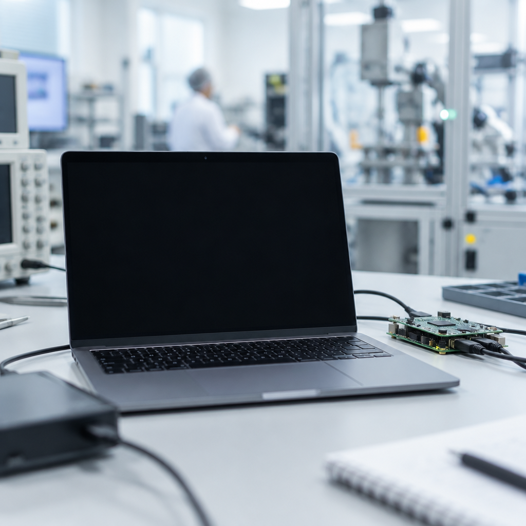 A clean-room workstation with a blank laptop screen, surrounded by out-of-focus technical equipment.