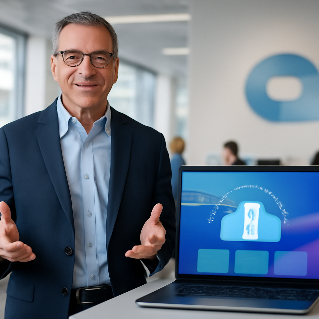 Executive stands in front of large screen displaying cloud security interface in modern office setting.