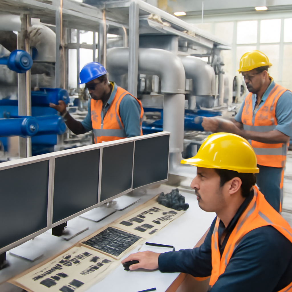 Water utility workers monitor industrial control systems and machinery in a treatment plant control room.
