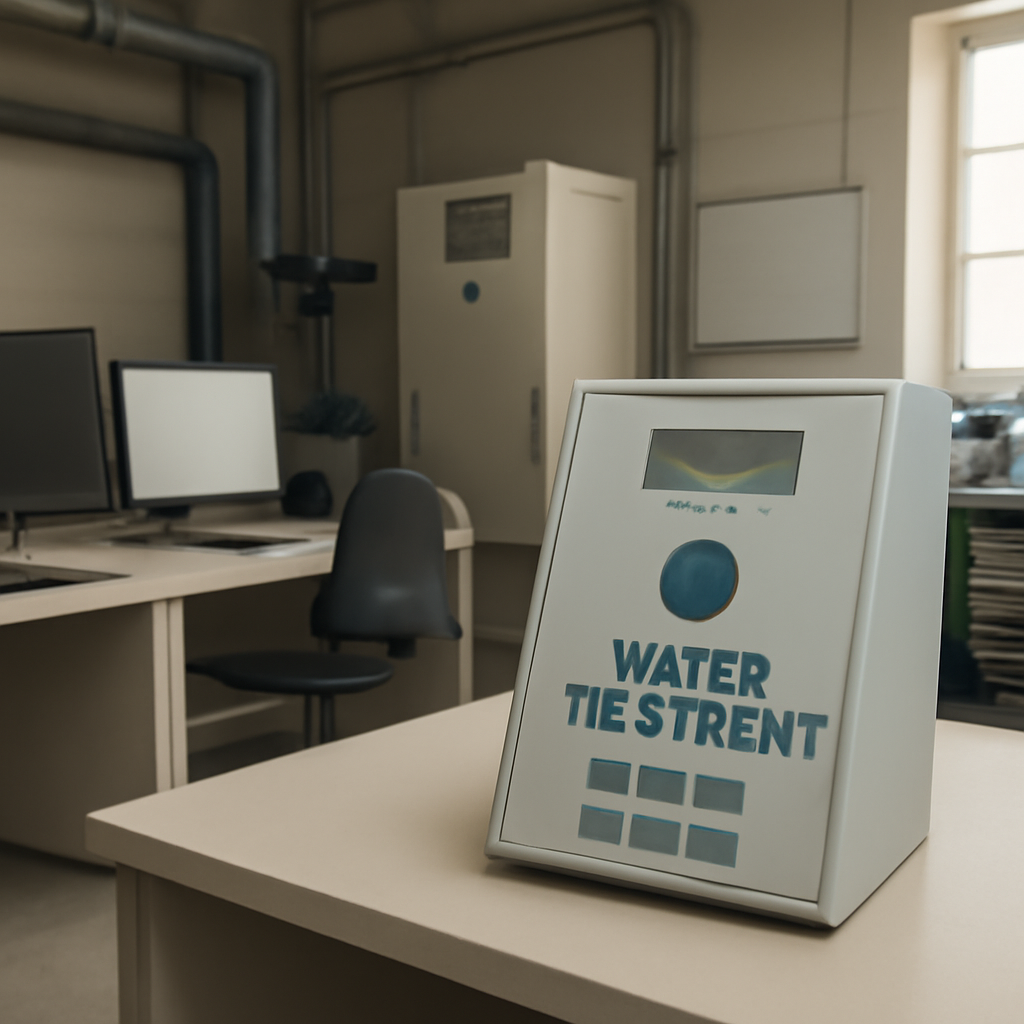 Control room of a water treatment plant with computer workstations and industrial equipment.