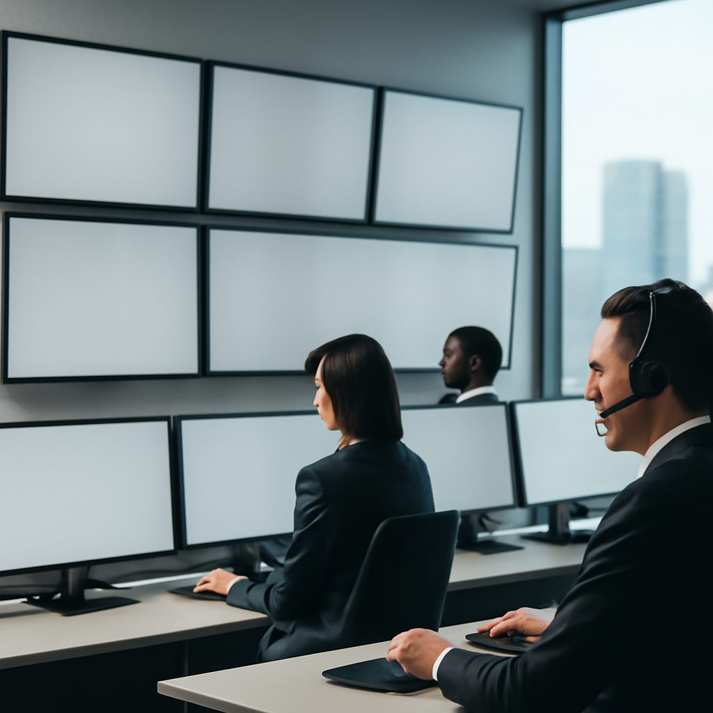 Security analysts work at a large workstation surrounded by screens displaying data visualizations and threat maps.