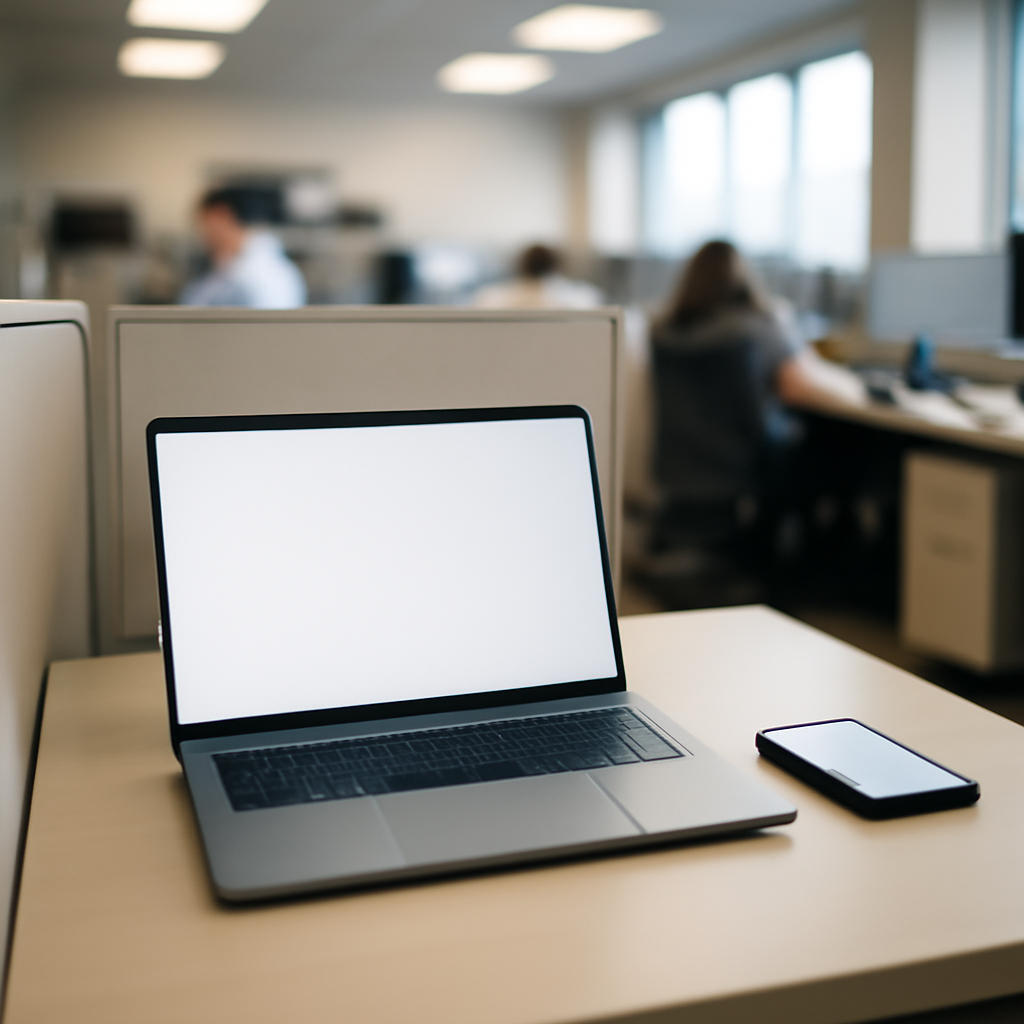 Empty office cubicle with laptop and smartphone on desk amidst blurred coworkers and office equipment in background.