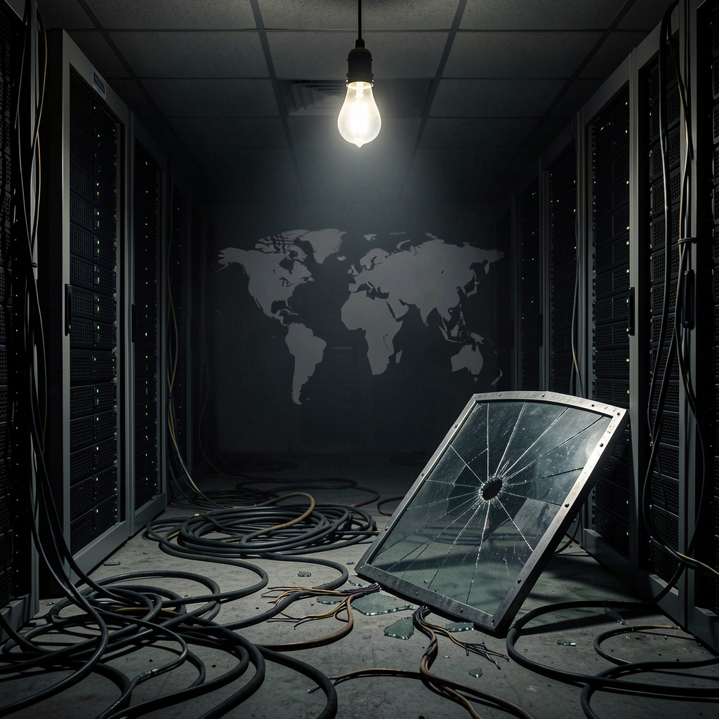 Dimly lit server room with humming servers, tangled cables, and a single flickering light bulb casting eerie shadows.