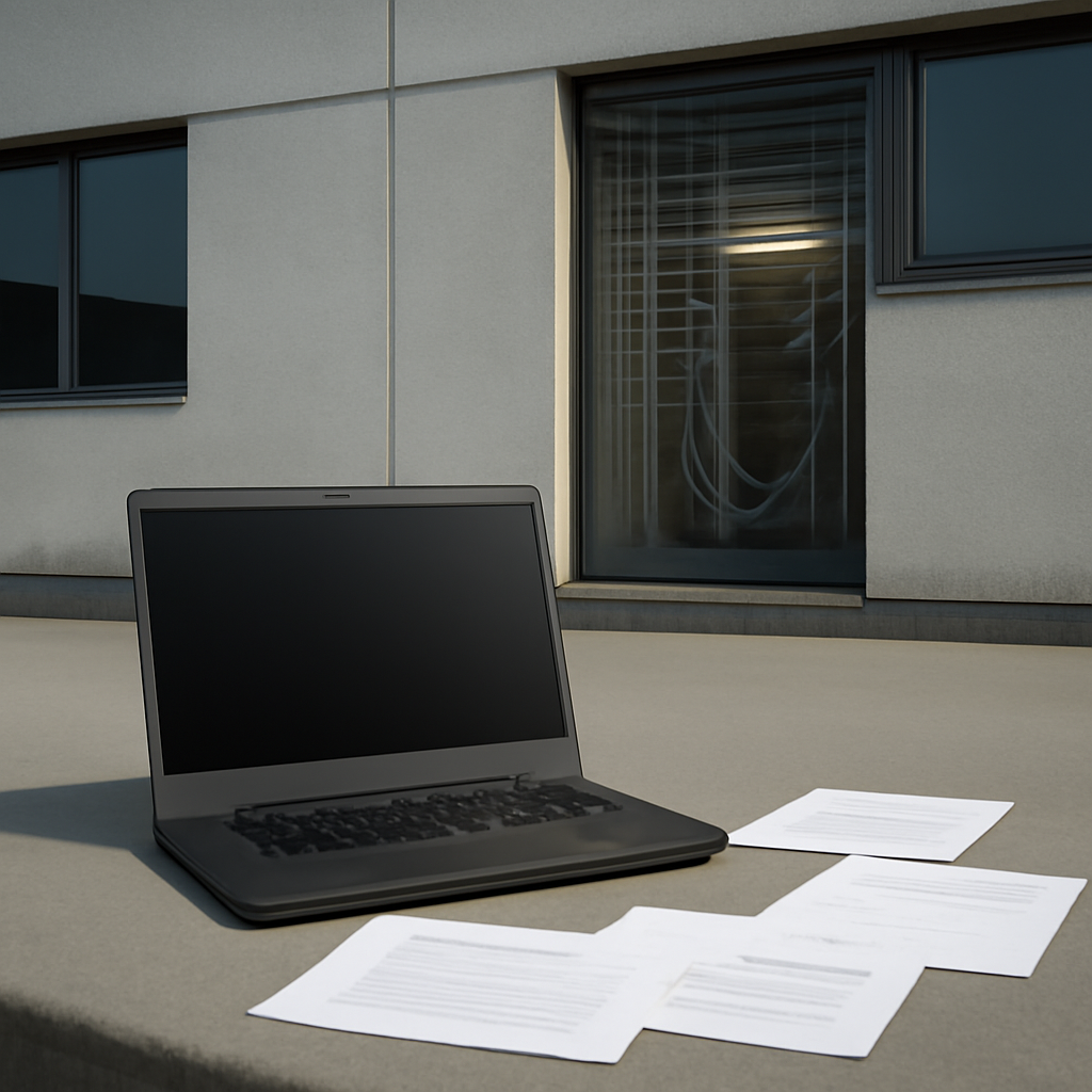 Modern office building with subtle network infrastructure hints and ordinary daylight.