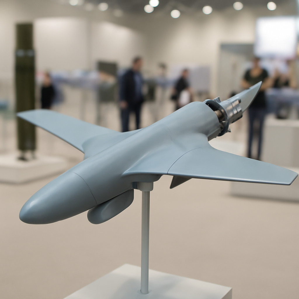 Sleek jet-powered drone with flying-wing design on display at defense exhibition.