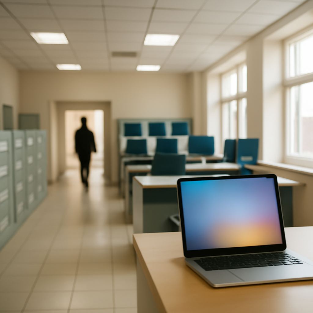 Modern government office interior with rows of filing cabinets and computer terminals, a blurred figure in the periphery.