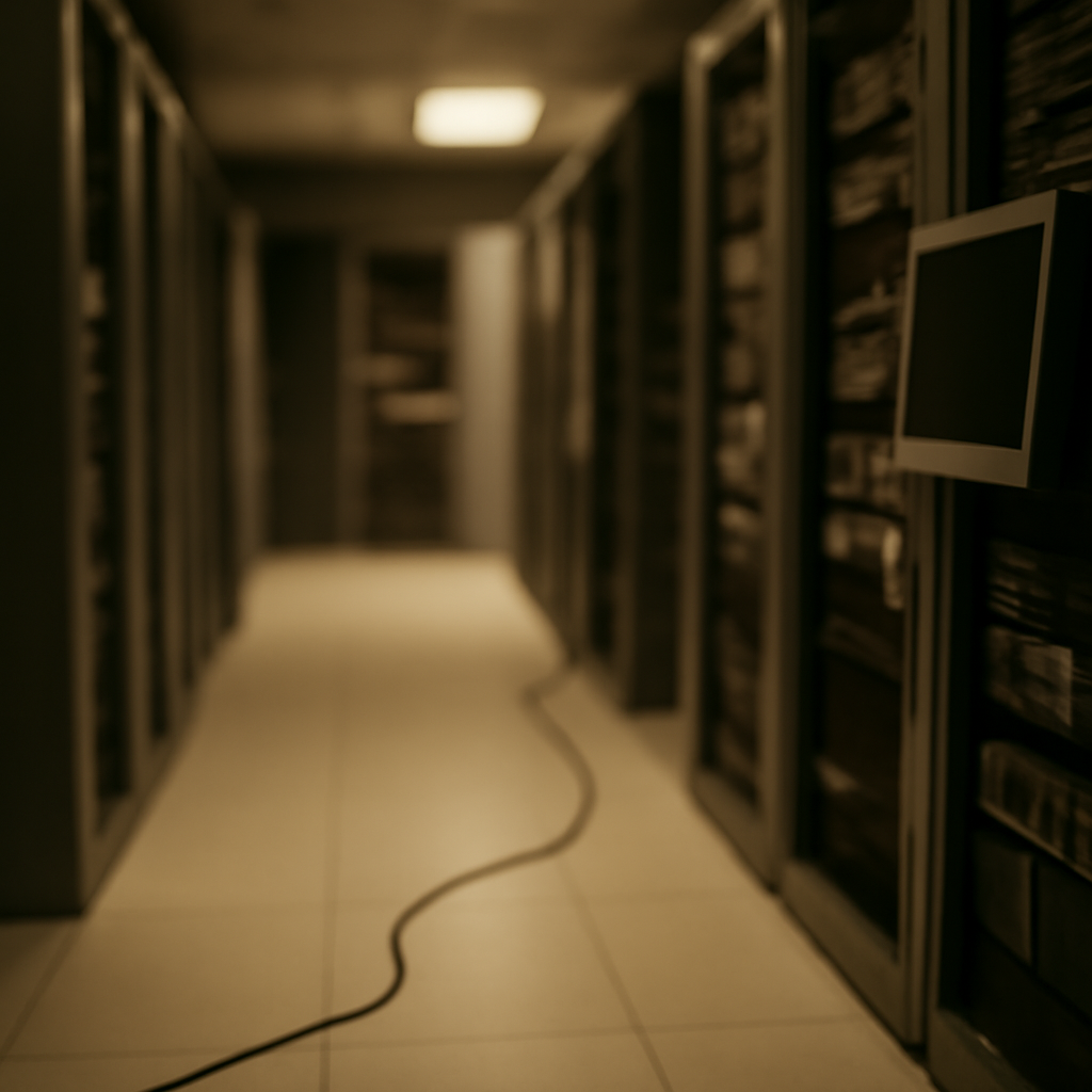 Server room interior with rows of computer servers and storage equipment, cables, and a single out-of-focus monitor.