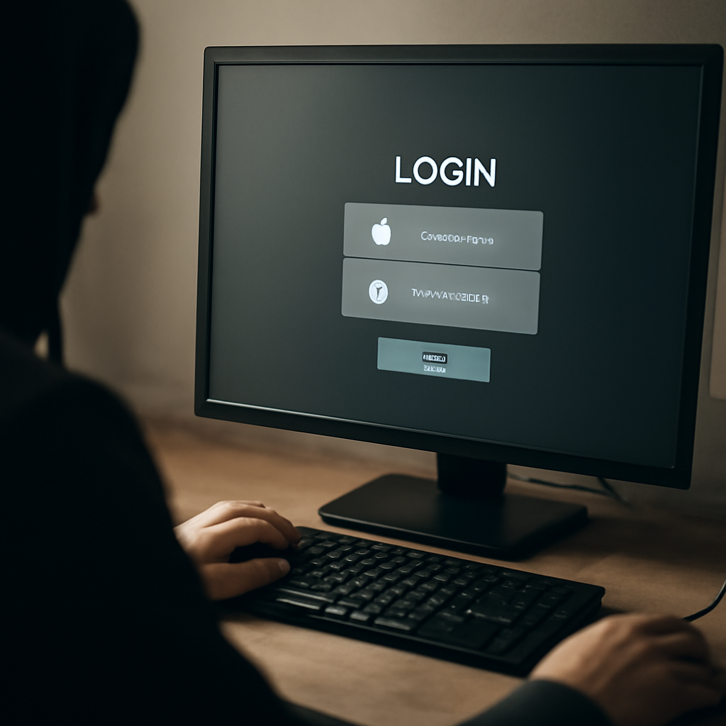 Person sitting at computer workstation with login screen and password notes in background.