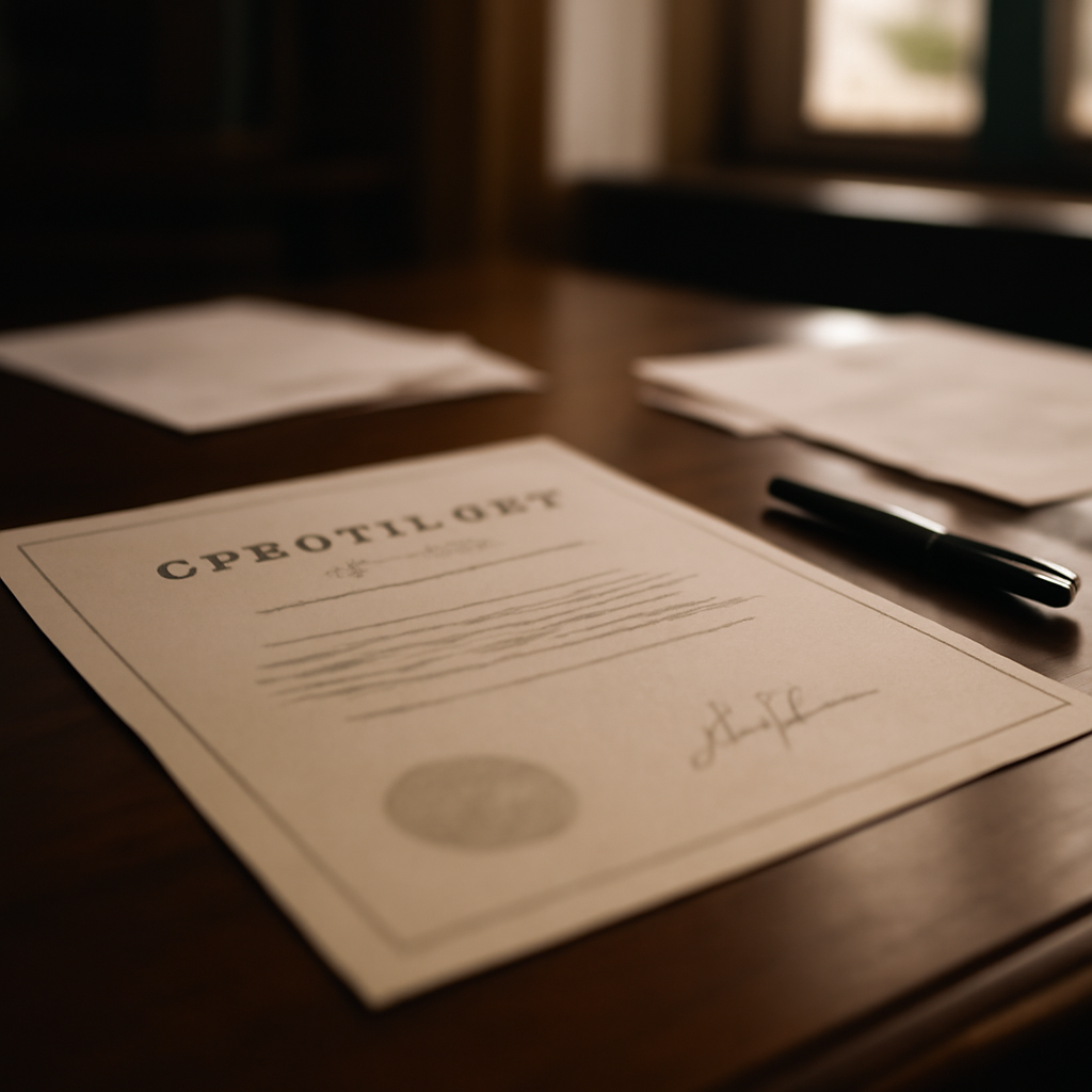 Blurry signature and seal on a certificate in a dimly lit office with natural daylight streaming in.